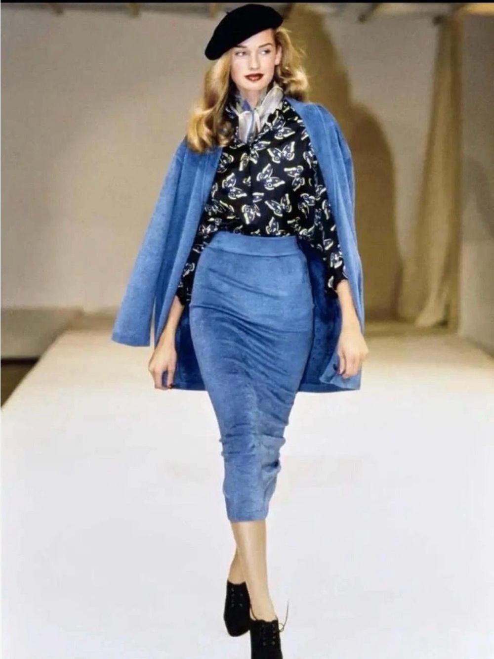 Alaïa Paris FW 1991 Runway Blue Yellow Butterfly Long Sleeve Button Up Blouse